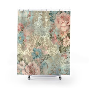 Shower Curtains,Shabby Chic Decor,French Farmhouse,Cabbage Cottage Rose Bathroom ideas,Bohemian lace decor,vintage inspired, blue and pink