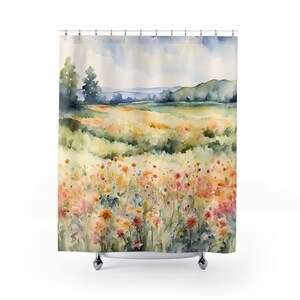 Duschvorhang, Blumenfeld Duschvorhang, Shabby Chic Dekor, Blumenfeld Duschvorhang, Französisches Bauernhaus, Boho Chic Wildblumen, Aquarell Badezimmerdekor