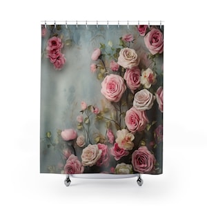 Shower Curtains, Shabby Chic Decor, French Farmhouse, Coastal, Cabbage Cottage Rose Bathroom ideas, Bohemian rose decor, vintage inspired