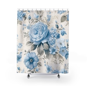 Duschvorhang, Shabby Chic Dekor, Französische Bauernhaus, blau und weiß, Cabbage Cottage Rose Badezimmer Ideen, Boho Rosendekor, Vintage inspiriert