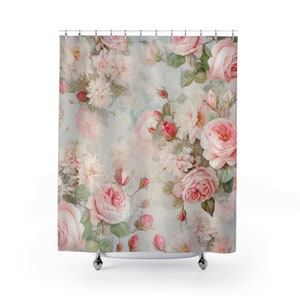 Shower Curtains, Shabby Chic Decor, French Farmhouse, Coastal, Cabbage Cottage Rose Bathroom ideas, Bohemian rose decor, vintage inspired