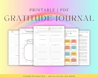 Pode incluir: Um diário de gratidão em PDF imprimível com um design de arco-íris. O diário inclui páginas para entradas diárias, prompts e autorreflexão. A capa apresenta as palavras "Gratitude Journal" e "Printable | PDF". O diário tem mais de 70 páginas.