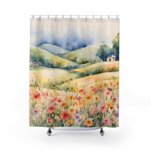Duschvorhang, Blumenfeld Duschvorhang, Shabby Chic Dekor, Blumenfeld Duschvorhang, Französisches Bauernhaus, Boho Chic Wildblumen, Aquarell Badezimmerdekor