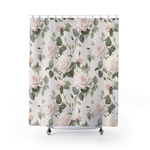 Dusky pink roses and grey shabby chic shower curtain, vintage bath decor, cottage garden, cute floral shower curtains, flower curtains