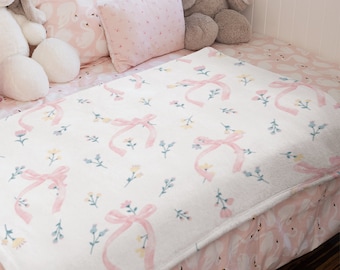 Coquette Velveteen Blanket, Pink Bow Decor, Girly Cottagecore Throw