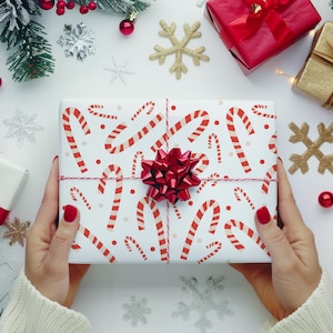 Candy Cane Holiday Gift Wrap, Pink Red Holiday Wrapping Paper, Candy Cane Polka Dot Wrap, Sweet Candy Cane Modern Christmas Gift Wrap Paper