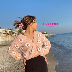 Daisy, Crop Cardigan | Cotton, Anti-Sweat Cardigan | Handmade Crochet Multi-Patterned Cardigan | Powder Pink Cardigan