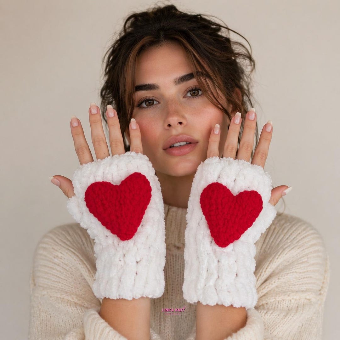 Handmade Knitted, Heart Gloves, Valentine's Day Gift Gloves