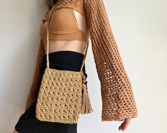 Handmade Straw Bag,Phone and Card Bag, Crochet Patterned Bag, Lined Crossbody Bag, Handmade Summer Bag, Paper Rope Bag