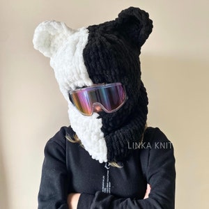 Two-Color Wool,Black-White Teddy Bear Ear Ski Mask& Balaclava,Handmade Bear Ski Mask,Ski Helmet Mask,Helmet Protector, Balaclava With Helmet image 3