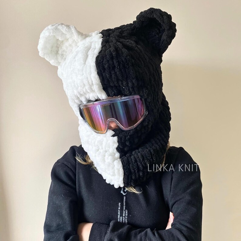 Two-Color Wool,Black-White Teddy Bear Ear Ski Mask& Balaclava,Handmade Bear Ski Mask,Ski Helmet Mask,Helmet Protector, Balaclava With Helmet zdjęcie 3