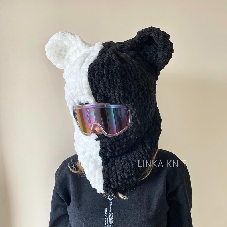 Two-Color Wool,Black-White Teddy Bear Ear Ski Mask& Balaclava,Handmade Bear Ski Mask,Ski Helmet Mask,Helmet Protector, Balaclava With Helmet zdjęcie 6