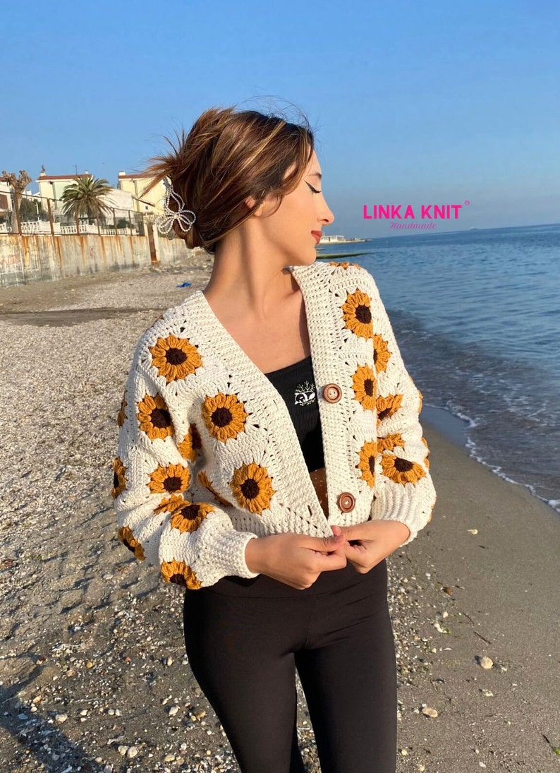 Sunflower, Crop Cardigan Cotton, Anti-Sweat Cardigan Handmade Crochet Multi-Patterned Cardigan zdjęcie 4