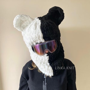 Two-Color Wool,Black-White Teddy Bear Ear Ski Mask& Balaclava,Handmade Bear Ski Mask,Ski Helmet Mask,Helmet Protector, Balaclava With Helmet zdjęcie 4