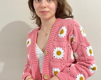 Daisy, Crop Cardigan | Cotton, Anti-Sweat Cardigan | Handmade Crochet Multi-Patterned Cardigan | Pink Cardigan