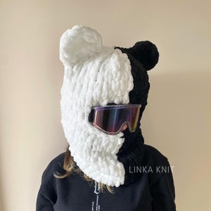 Two-Color Wool,Black-White Teddy Bear Ear Ski Mask& Balaclava,Handmade Bear Ski Mask,Ski Helmet Mask,Helmet Protector, Balaclava With Helmet image 5