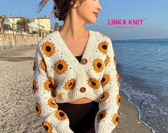 Sunflower, Crop Cardigan | Cotton, Anti-Sweat Cardigan | Handmade Crochet Multi-Patterned Cardigan