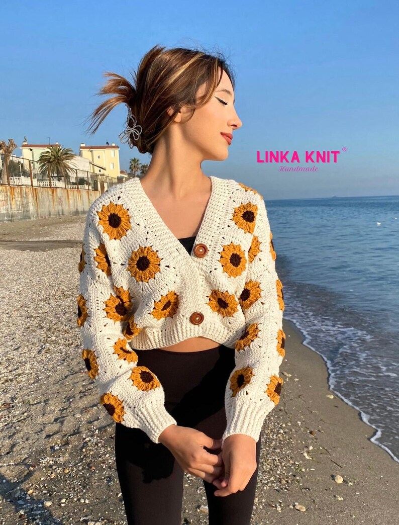 Sunflower, Crop Cardigan Cotton, Anti-Sweat Cardigan Handmade Crochet Multi-Patterned Cardigan zdjęcie 1