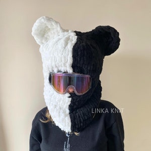 Two-Color Wool,Black-White Teddy Bear Ear Ski Mask& Balaclava,Handmade Bear Ski Mask,Ski Helmet Mask,Helmet Protector, Balaclava With Helmet zdjęcie 2