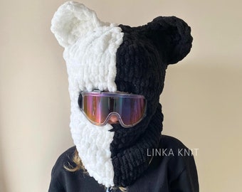 Two-Color Wool,Black-White Teddy Bear Ear Ski Mask& Balaclava,Handmade Bear Ski Mask,Ski Helmet Mask,Helmet Protector, Balaclava With Helmet