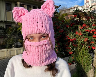 Cat balaclava hat handmade balaclava, cat ear balaclava, cat balaclava, handmade balaclava, winter mask, Daily Use Without Helmet