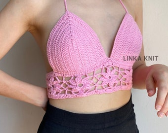 Bustier With Floral Detail on the Waist, Handmade Crochet Floral Bustier, Back Tie Bustier, Handmade Bikini top