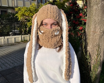 Long Ear Bunny Balaclava,Big Bunny Ski Mask,Bunny Ears Balaclava,Daily Use Ski Mask,Handmade Balaclava, Winter Mask,Daily Use Without Helmet