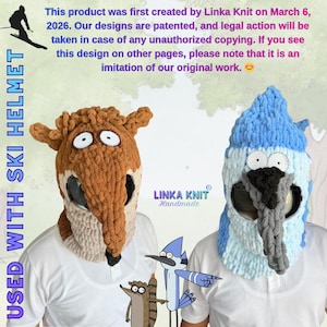 May include: Two knitted ski helmet covers, one resembling a fox and the other a blue jay. The fox cover is brown and beige, while the blue jay cover is blue, white, and black. Both have eye openings and are designed to be used with ski helmets.