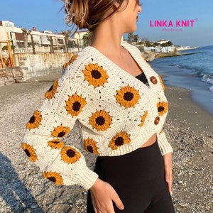 Sunflower, Crop Cardigan Cotton, Anti-Sweat Cardigan Handmade Crochet Multi-Patterned Cardigan zdjęcie 9