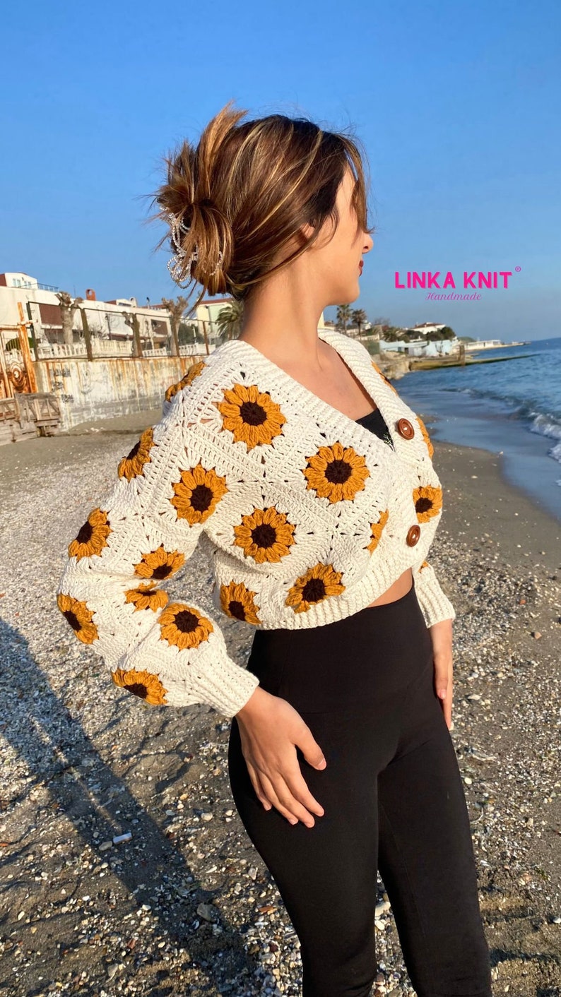 Sunflower, Crop Cardigan Cotton, Anti-Sweat Cardigan Handmade Crochet Multi-Patterned Cardigan zdjęcie 9