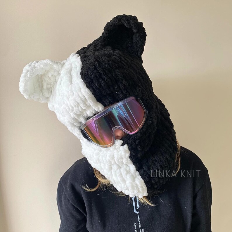 Two-Color Wool,Black-White Teddy Bear Ear Ski Mask& Balaclava,Handmade Bear Ski Mask,Ski Helmet Mask,Helmet Protector, Balaclava With Helmet zdjęcie 7