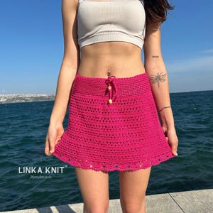 Handmade Dark Pink Knitted Beach Skirt, Handmade Knitted Pareo, Crocheted Knitted Summer Skirt
