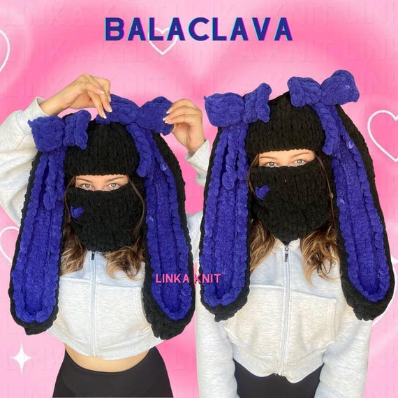 Ribbon Bunny Balaclava Handmade Halaclava, Bunny Ear Balaclava