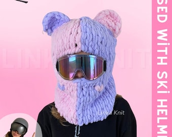 Two-Color Wool,Pink-Lilac Teddy Bear Ear Ski Mask& Balaclava, Handmade Bear Ski Mask,Ski Helmet Mask,Helmet Protector, Balaclava With Helmet