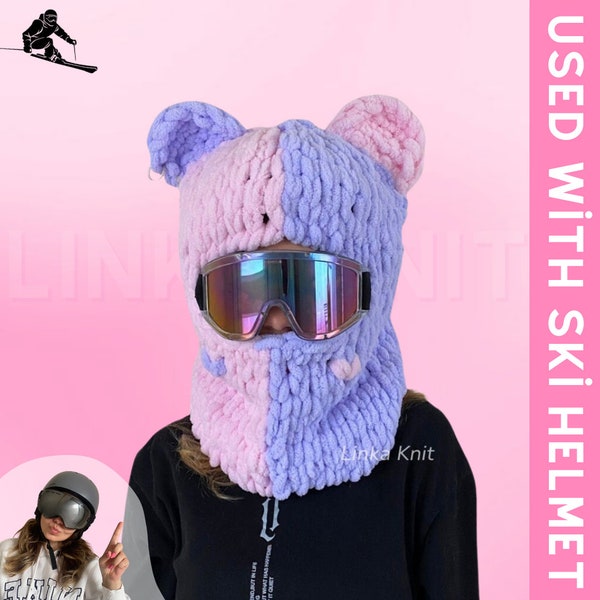 Two-Color Wool,Pink-Lilac Teddy Bear Ear Ski Mask& Balaclava, Handmade Bear Ski Mask,Ski Helmet Mask,Helmet Protector, Balaclava With Helmet