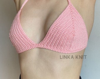 Crochet Triangle Mold Bikini Top, Handmade Bikini Top, Crochet Beach wear Pink Bikini