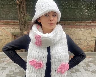 Pink Cloudy Scarf & Bucket Hat | Winter Scarf Beret Set | White Color Scarf and Beret | Handmade Plush Scarf and Beanie