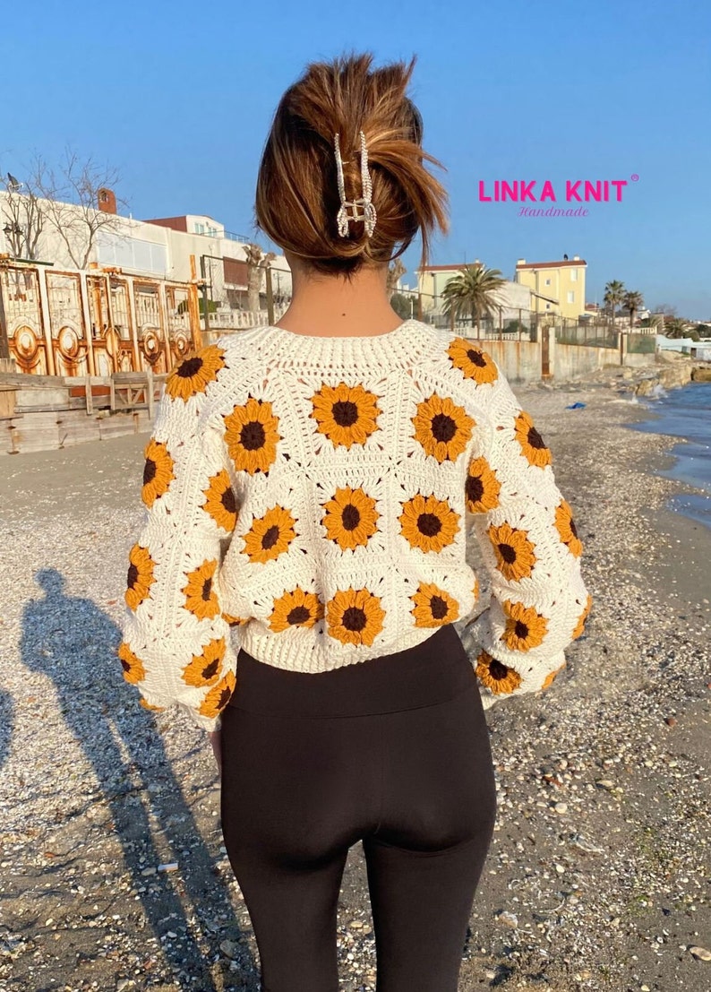 Sunflower, Crop Cardigan Cotton, Anti-Sweat Cardigan Handmade Crochet Multi-Patterned Cardigan zdjęcie 10