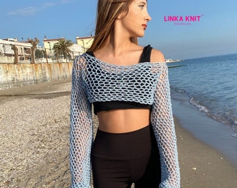 Basic Model Blue Bolero | Summer Net Bolero | Daily and Beach Wear | Non-Sweating Bolero | Spanish Sleeve Bolero