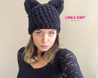 Cat Ear Beret | Winter Plush Beanie | Black Cat Beret | Winter Beret with 68 color options