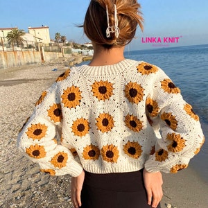 Sunflower, Crop Cardigan Cotton, Anti-Sweat Cardigan Handmade Crochet Multi-Patterned Cardigan zdjęcie 6