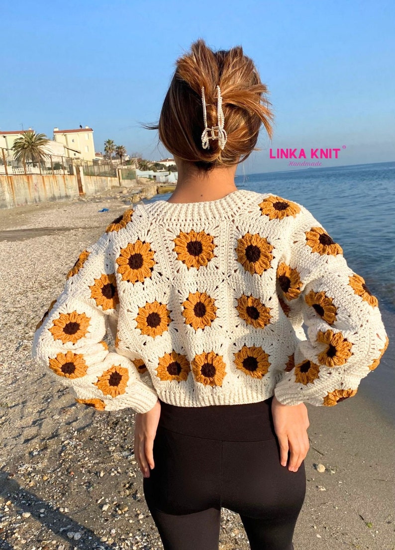 Sunflower, Crop Cardigan Cotton, Anti-Sweat Cardigan Handmade Crochet Multi-Patterned Cardigan zdjęcie 6