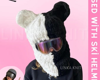 Two-Color Wool,Black-White Teddy Bear Ear Ski Mask& Balaclava,Handmade Bear Ski Mask,Ski Helmet Mask,Helmet Protector, Balaclava With Helmet