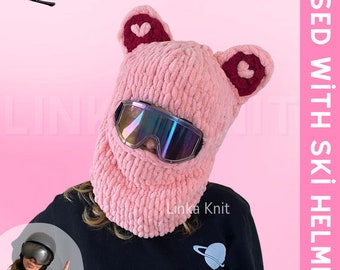 Masque de ski et cagoule d'ours en forme de coeur, masque de ski d'ours fait main, masque de casque de ski, protecteur de casque, cagoule avec casque, cagoule personnalisée