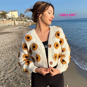 Sunflower, Crop Cardigan Cotton, Anti-Sweat Cardigan Handmade Crochet Multi-Patterned Cardigan zdjęcie 2