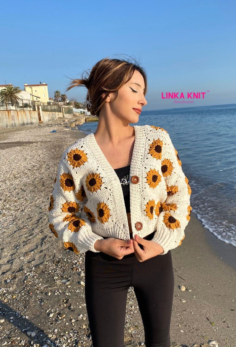 Sunflower, Crop Cardigan Cotton, Anti-Sweat Cardigan Handmade Crochet Multi-Patterned Cardigan zdjęcie 2