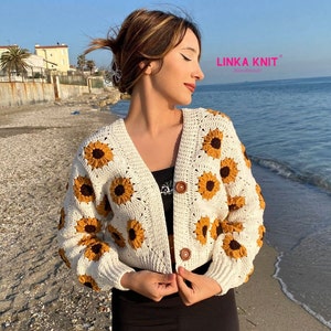 Sunflower, Crop Cardigan Cotton, Anti-Sweat Cardigan Handmade Crochet Multi-Patterned Cardigan zdjęcie 3