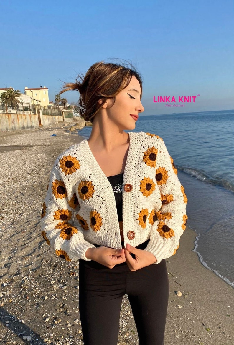 Sunflower, Crop Cardigan Cotton, Anti-Sweat Cardigan Handmade Crochet Multi-Patterned Cardigan zdjęcie 3