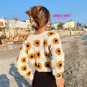 Sunflower, Crop Cardigan Cotton, Anti-Sweat Cardigan Handmade Crochet Multi-Patterned Cardigan zdjęcie 8