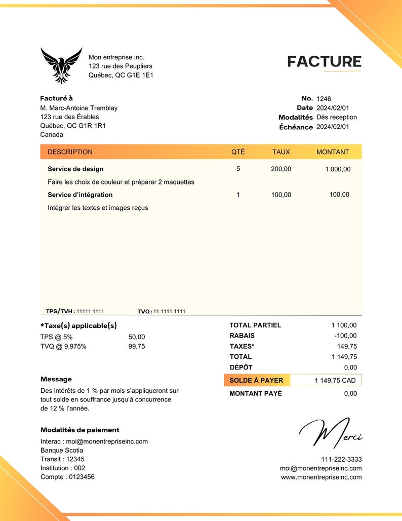 Quickbooks Online Custom Form Style Customer Invoice Quebec in FRENCH ...